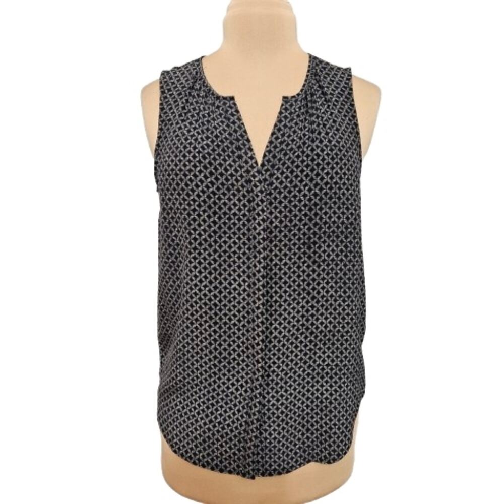 Joie Silk Sleeveless Navy White Geo Print Top Small V-Neck Lightweight Blouse